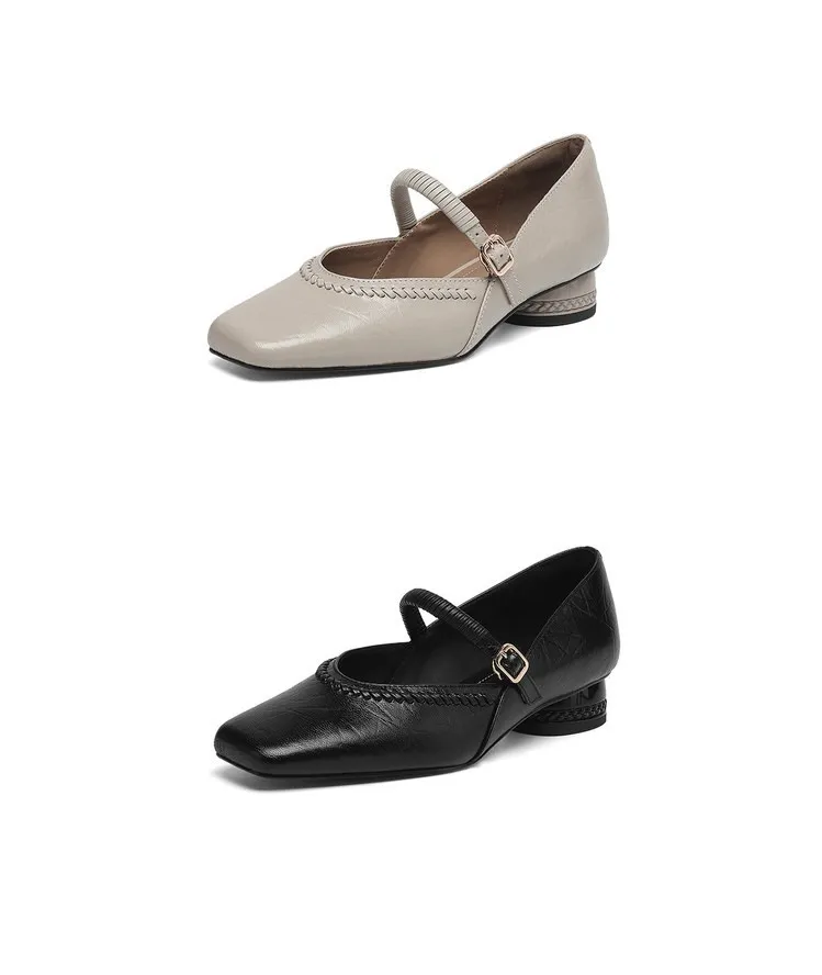 Plus-size early spring single shoes, square toe, buckle, chunky heel, mid-heel, comfortable slip-on women's shoes, black and gray.