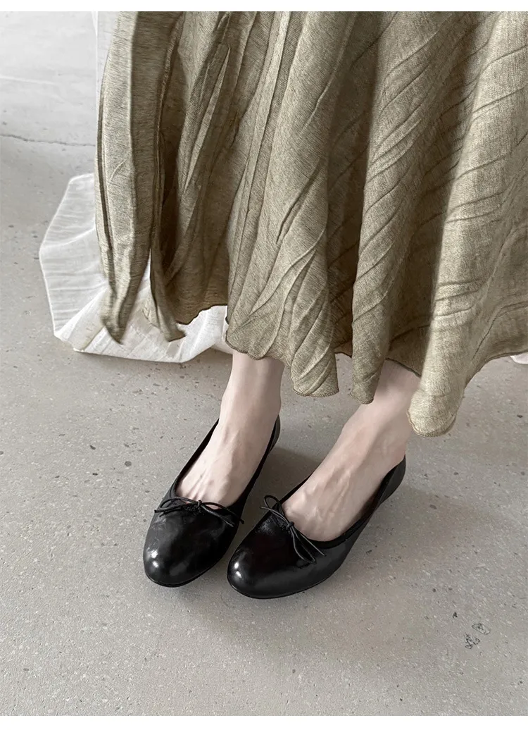 Spring single-shoe wedge heel bow low-cut comfortable cowhide fashion women's shoes