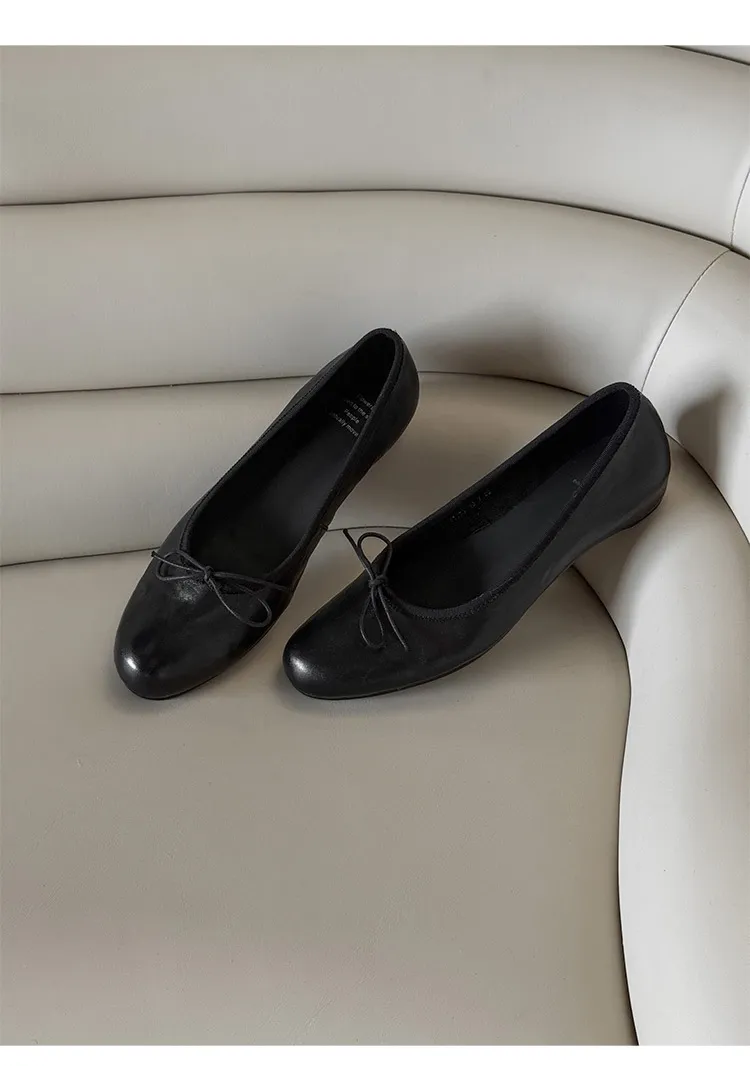 Spring single-shoe wedge heel bow low-cut comfortable cowhide fashion women's shoes