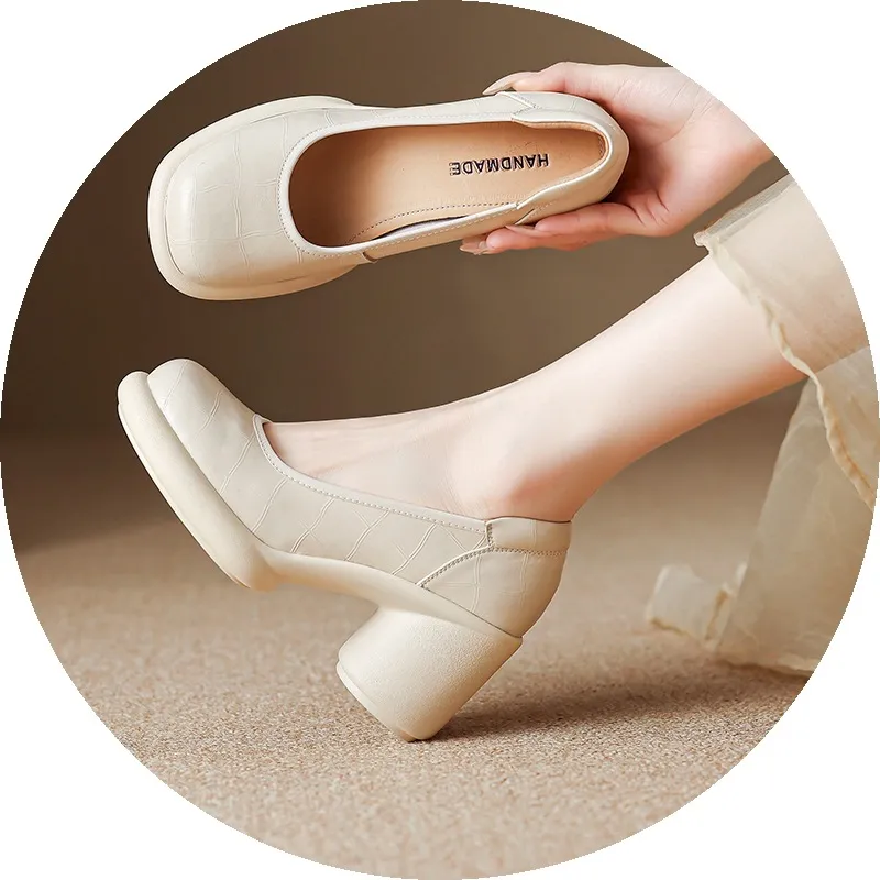 Spring single shoes, round toe, thick sole, chunky heel, slip-on, simple fashion shoes for women.