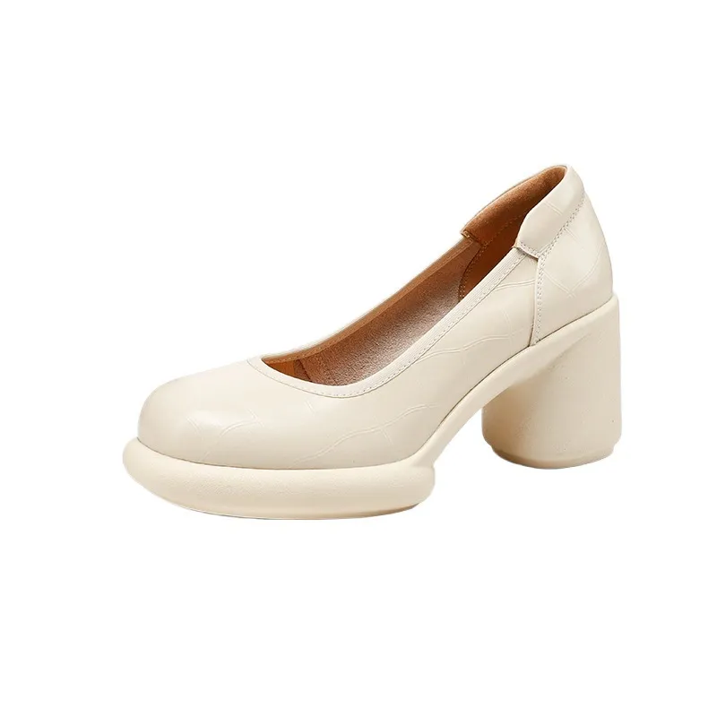 Spring single shoes, round toe, thick sole, chunky heel, slip-on, simple fashion shoes for women.