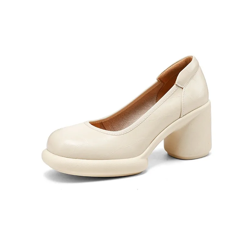 Spring single shoes, round toe, thick sole, chunky heel, slip-on, simple fashion shoes for women.