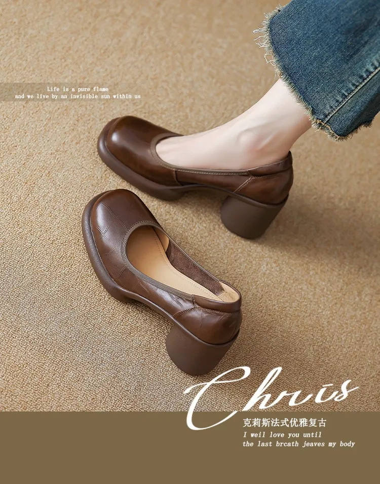 Spring single shoes, round toe, thick sole, chunky heel, slip-on, simple fashion shoes for women.