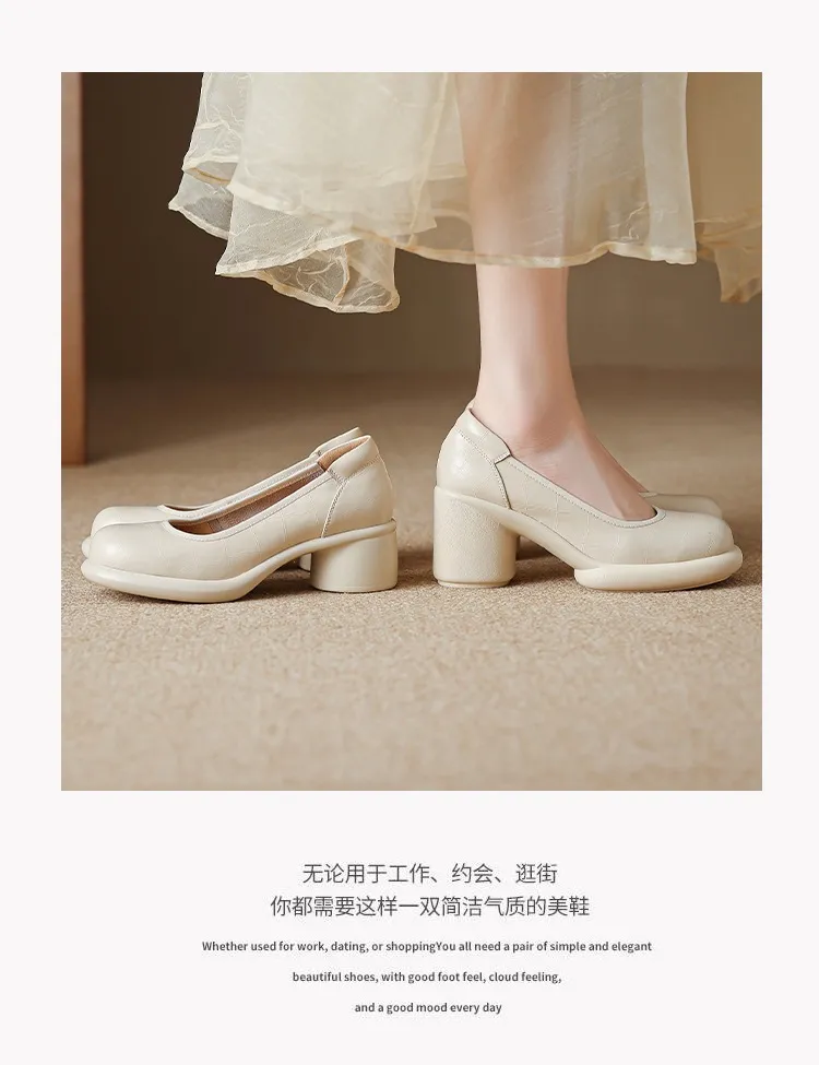 Spring single shoes, round toe, thick sole, chunky heel, slip-on, simple fashion shoes for women.