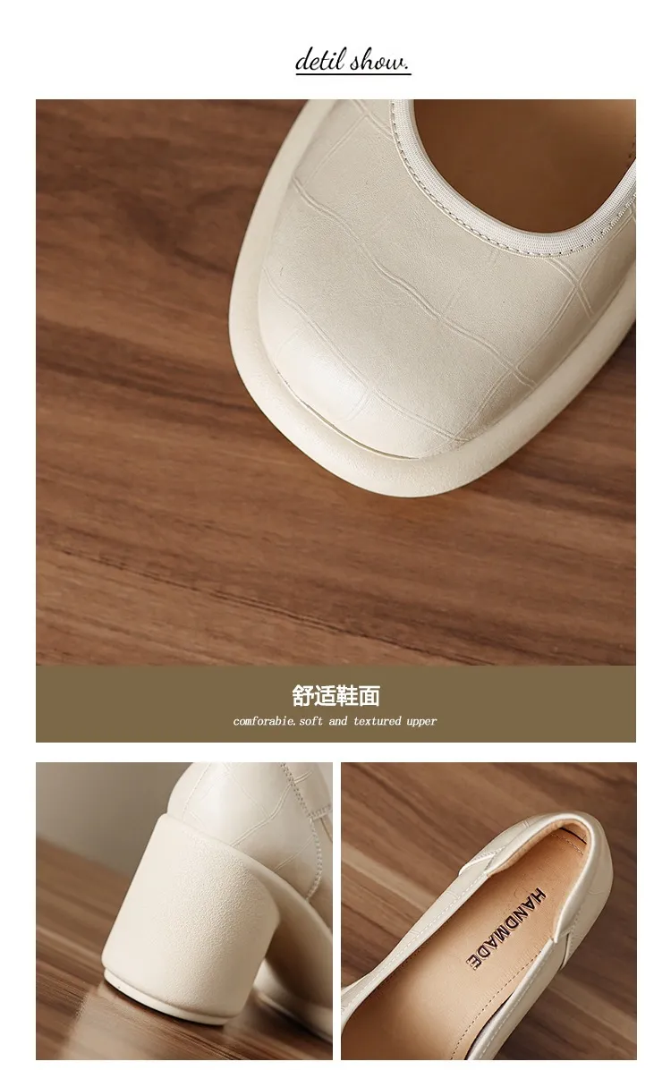 Spring single shoes, round toe, thick sole, chunky heel, slip-on, simple fashion shoes for women.