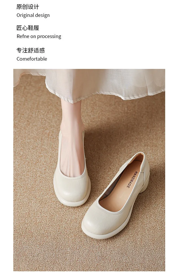 Spring single shoes, round toe, thick sole, chunky heel, slip-on, simple fashion shoes for women.