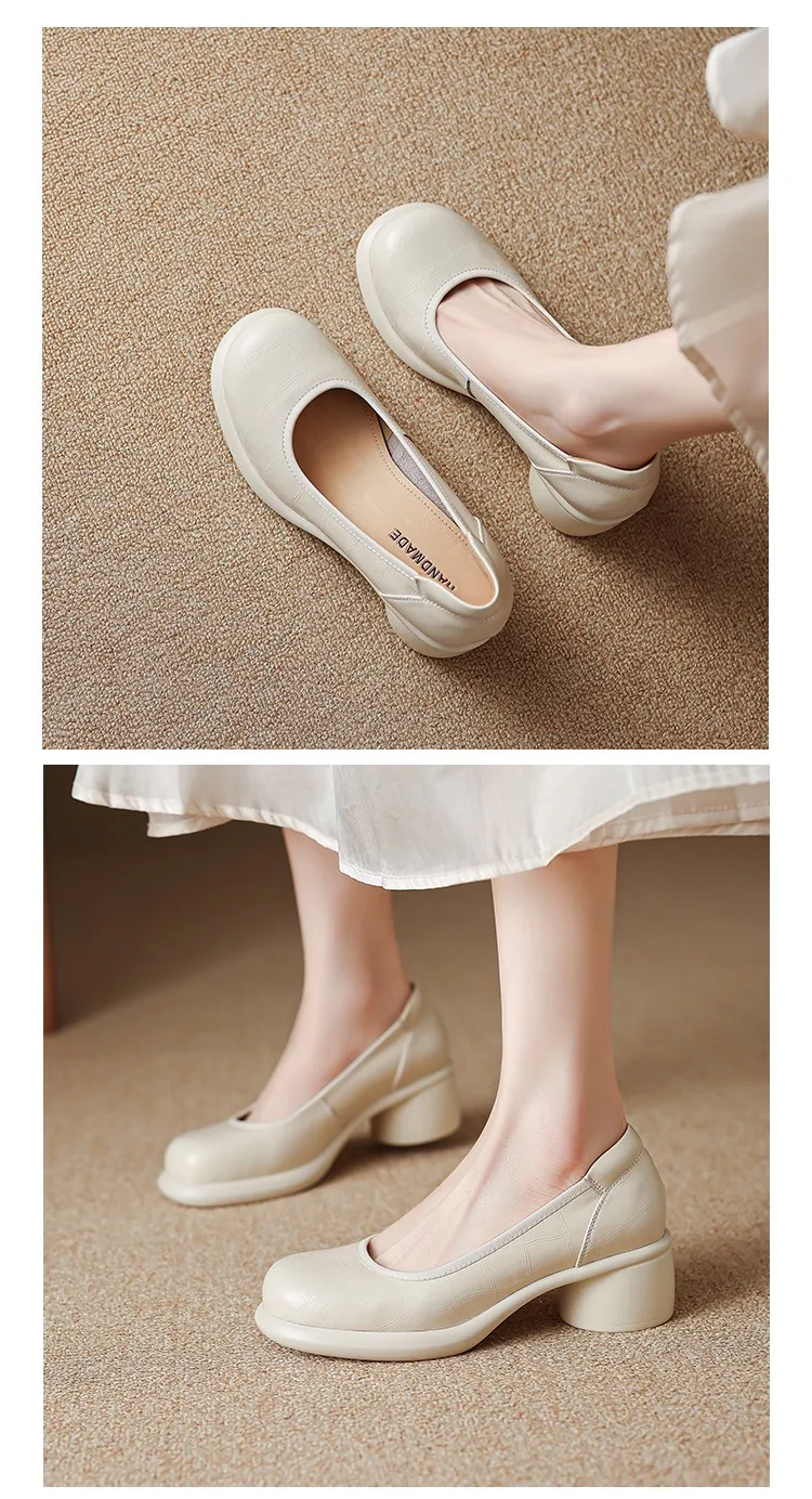 Spring single shoes, round toe, thick sole, chunky heel, slip-on, simple fashion shoes for women.
