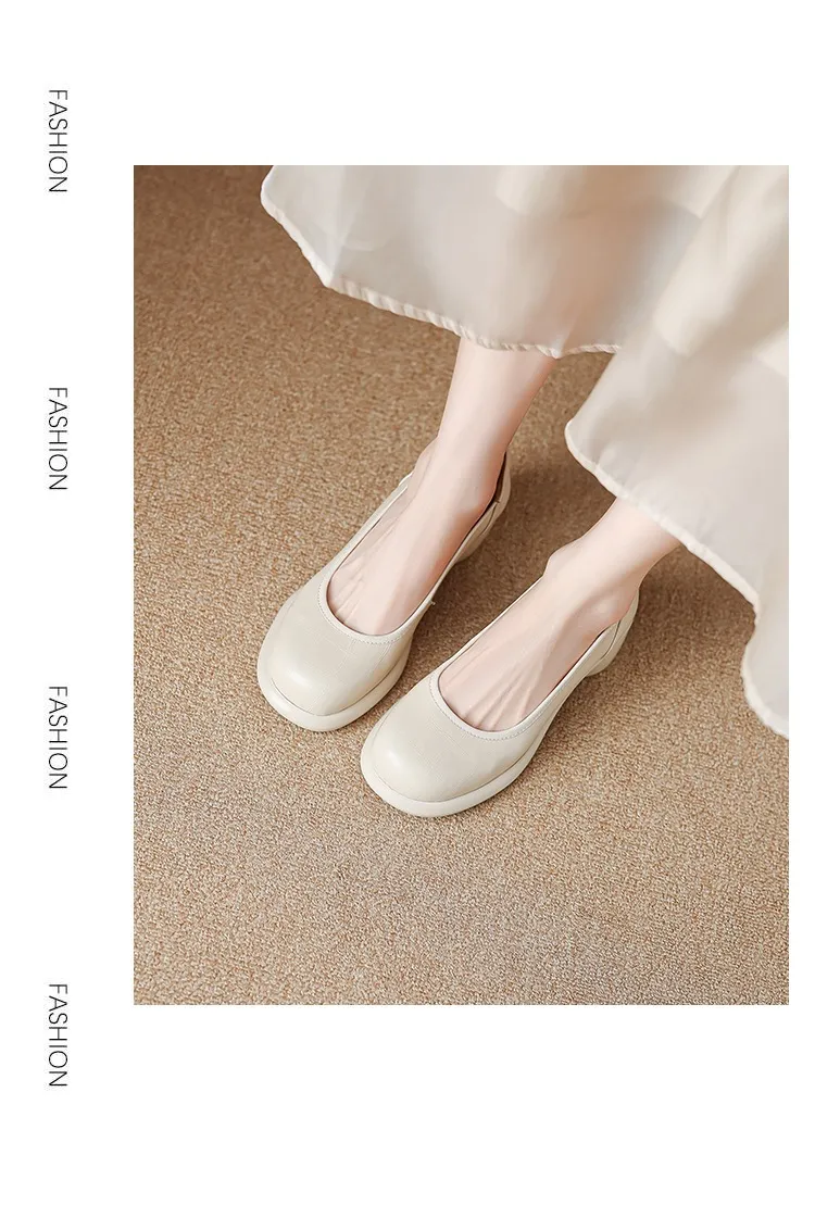 Spring single shoes, round toe, thick sole, chunky heel, slip-on, simple fashion shoes for women.