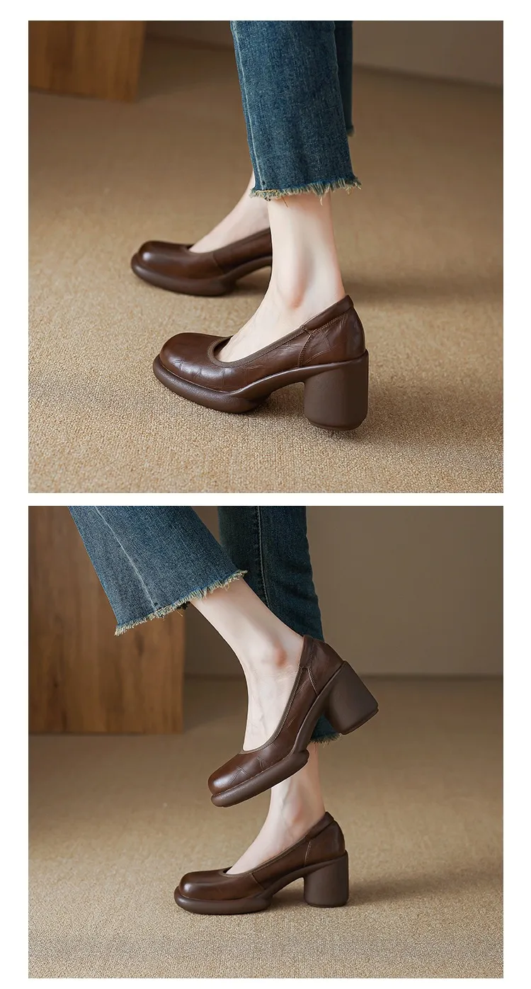 Spring single shoes, round toe, thick sole, chunky heel, slip-on, simple fashion shoes for women.