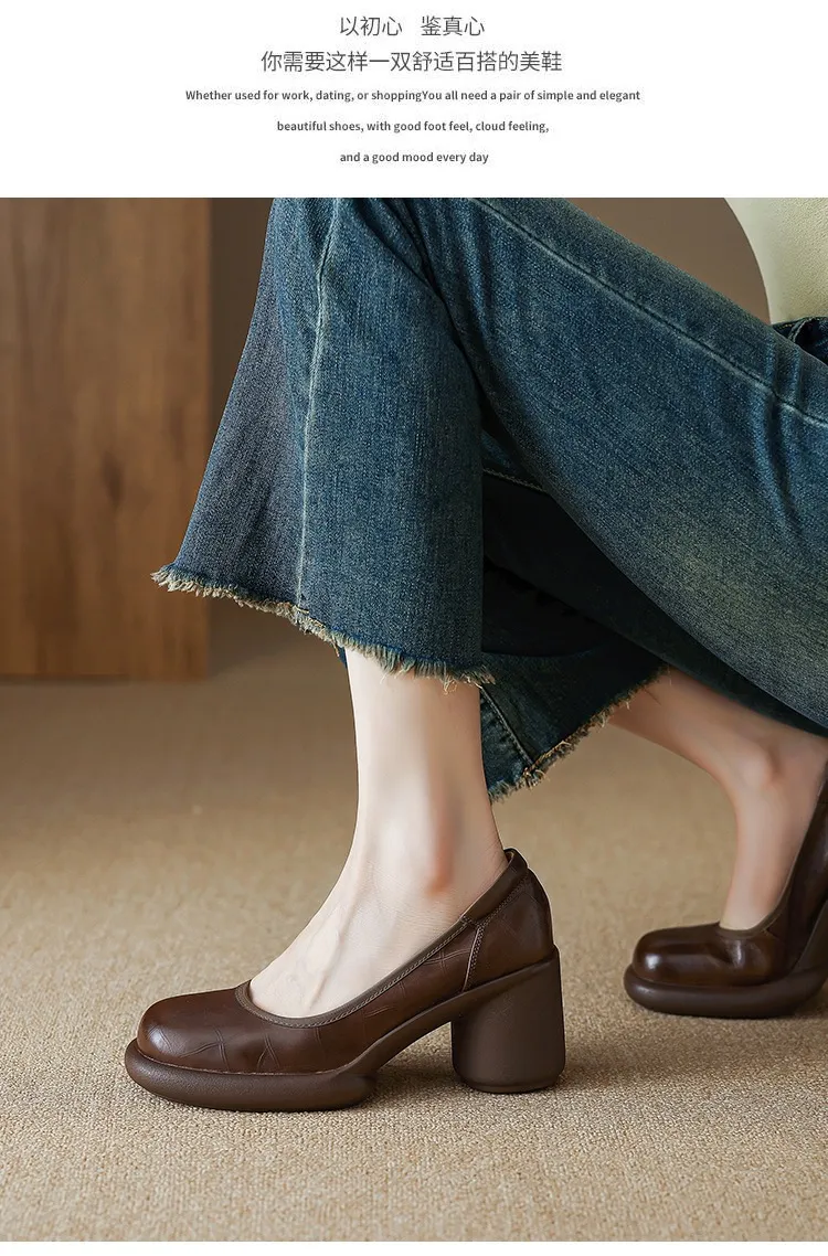 Spring single shoes, round toe, thick sole, chunky heel, slip-on, simple fashion shoes for women.
