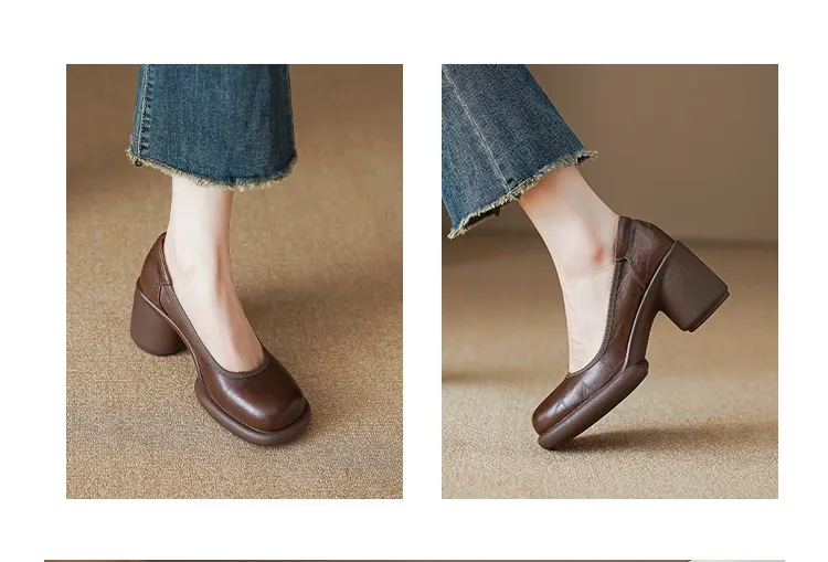 Spring single shoes, round toe, thick sole, chunky heel, slip-on, simple fashion shoes for women.