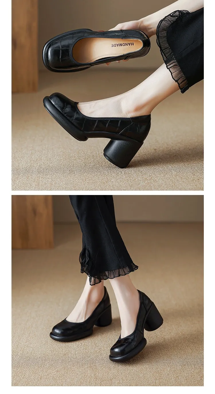 Spring single shoes, round toe, thick sole, chunky heel, slip-on, simple fashion shoes for women.