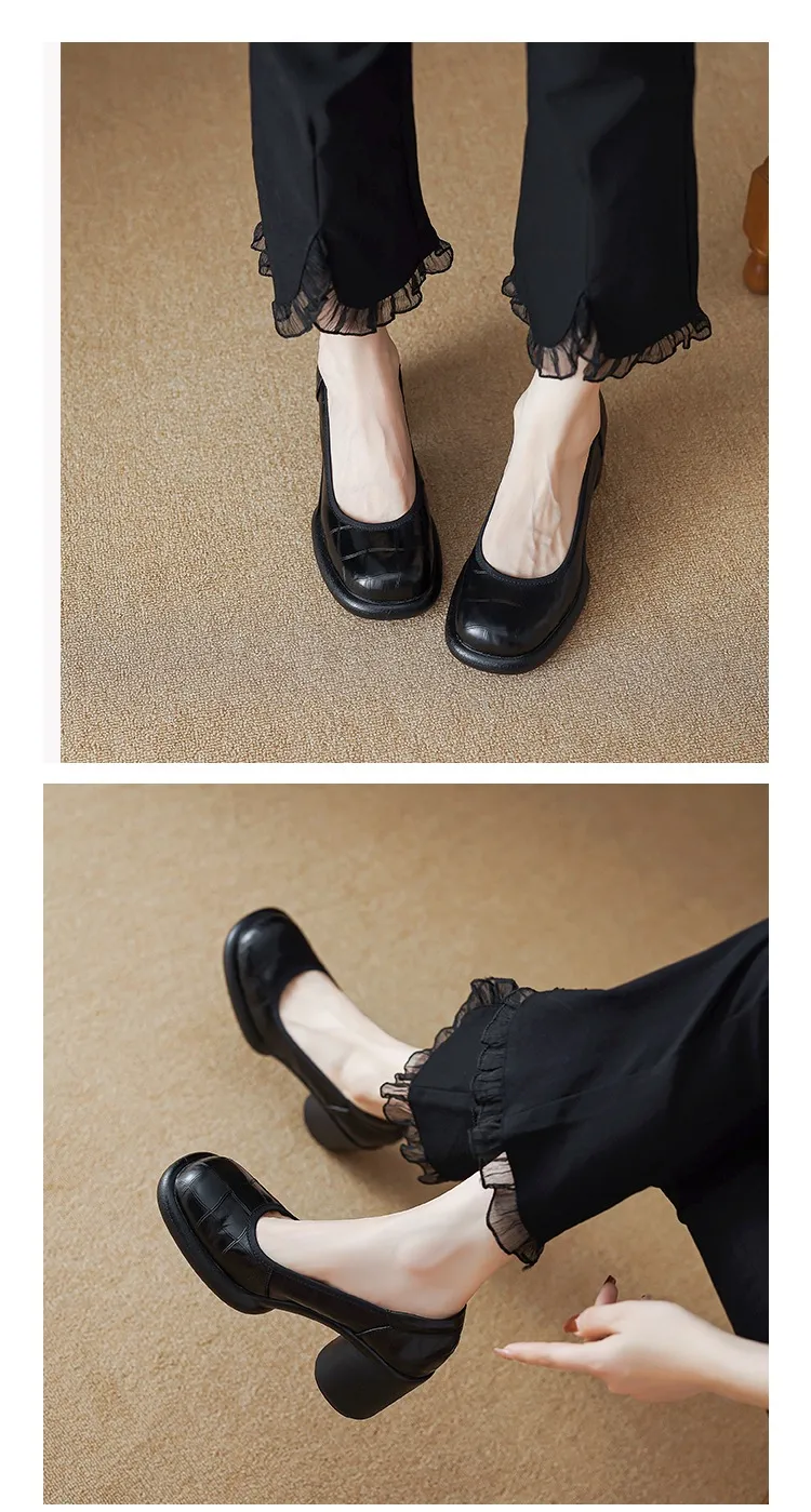 Spring single shoes, round toe, thick sole, chunky heel, slip-on, simple fashion shoes for women.
