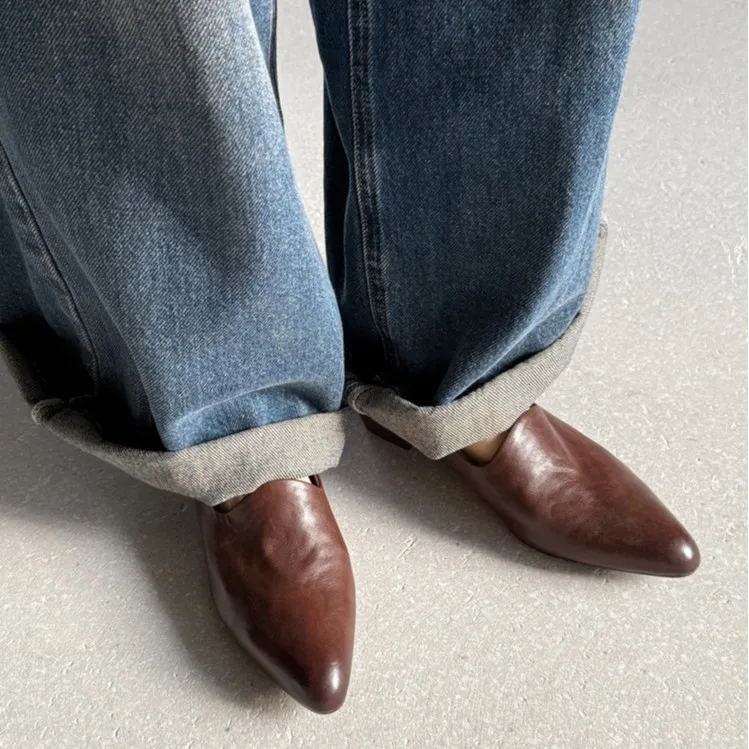 Spring round-toe chunky heel low-heel slip-on solid color cowhide loafers for women, 12-15e