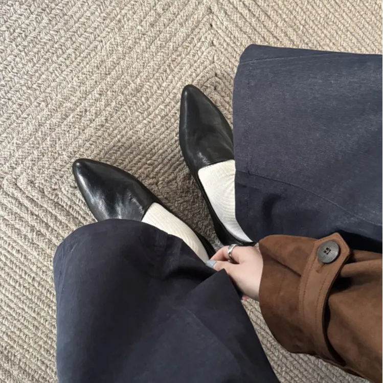 Spring round-toe chunky heel low-heel slip-on solid color cowhide loafers for women, 12-15e