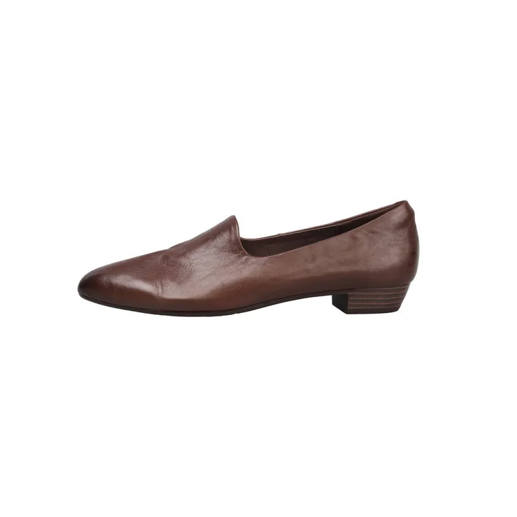 Spring round-toe chunky heel low-heel slip-on solid color cowhide loafers for women, 12-15e