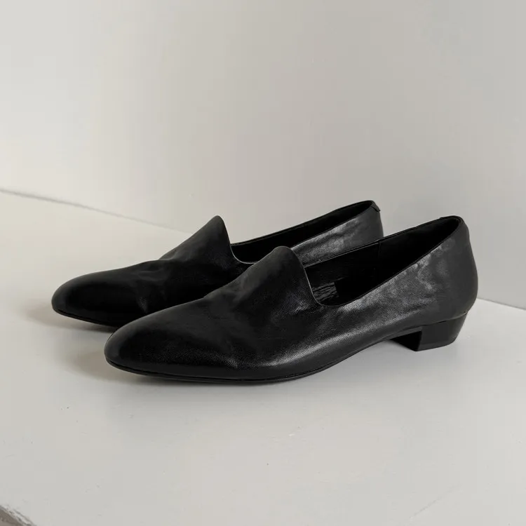 Spring round-toe chunky heel low-heel slip-on solid color cowhide loafers for women, 12-15e