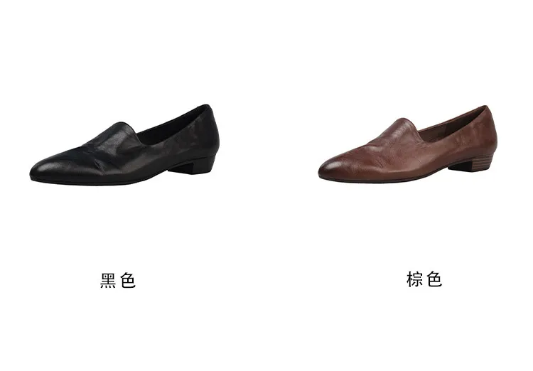 Spring round-toe chunky heel low-heel slip-on solid color cowhide loafers for women, 12-15e