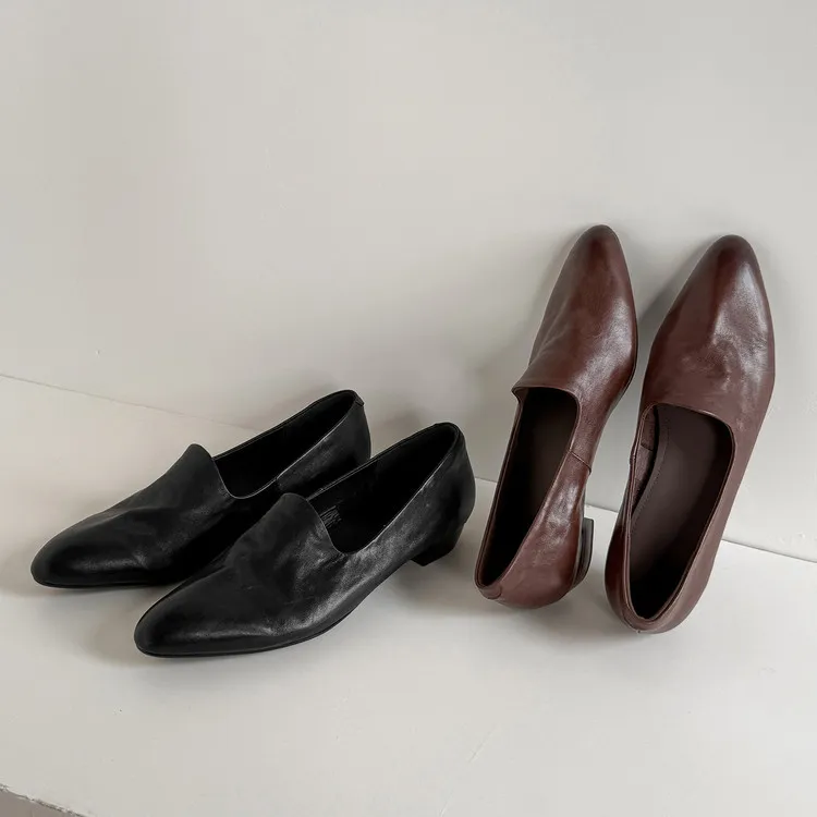 Spring round-toe chunky heel low-heel slip-on solid color cowhide loafers for women, 12-15e