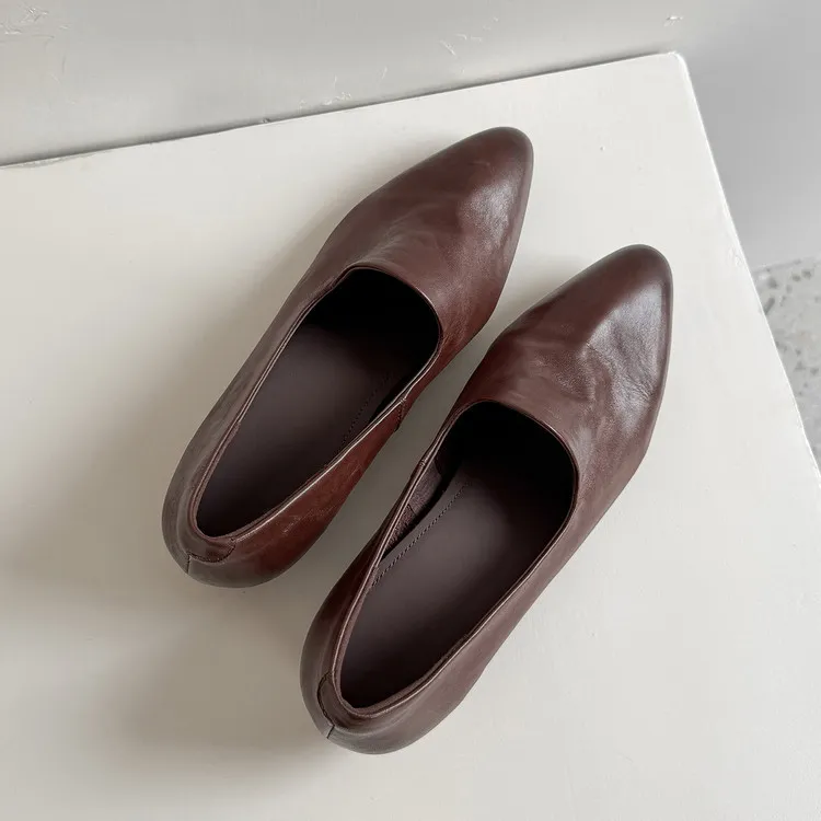 Spring round-toe chunky heel low-heel slip-on solid color cowhide loafers for women, 12-15e