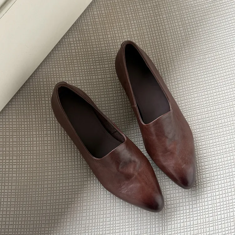 Spring round-toe chunky heel low-heel slip-on solid color cowhide loafers for women, 12-15e