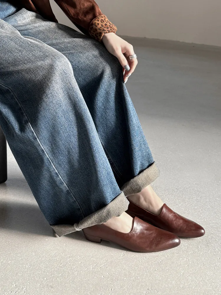 Spring round-toe chunky heel low-heel slip-on solid color cowhide loafers for women, 12-15e