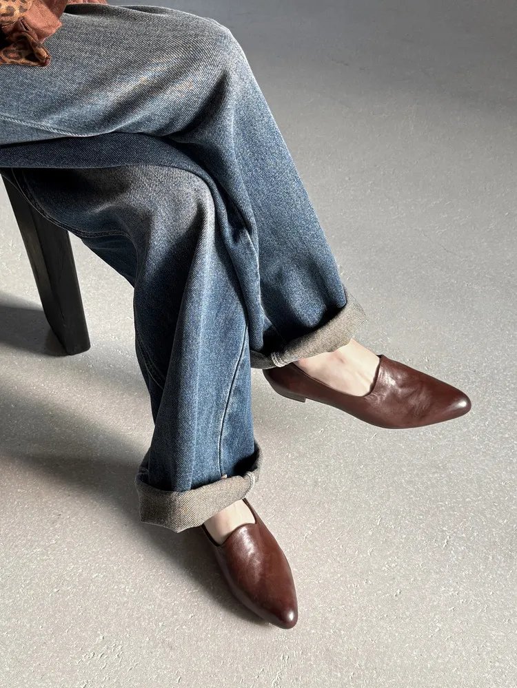 Spring round-toe chunky heel low-heel slip-on solid color cowhide loafers for women, 12-15e