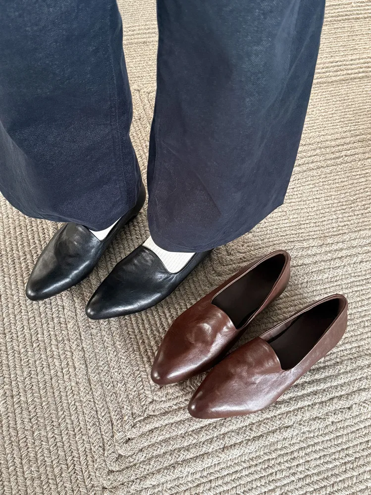 Spring round-toe chunky heel low-heel slip-on solid color cowhide loafers for women, 12-15e