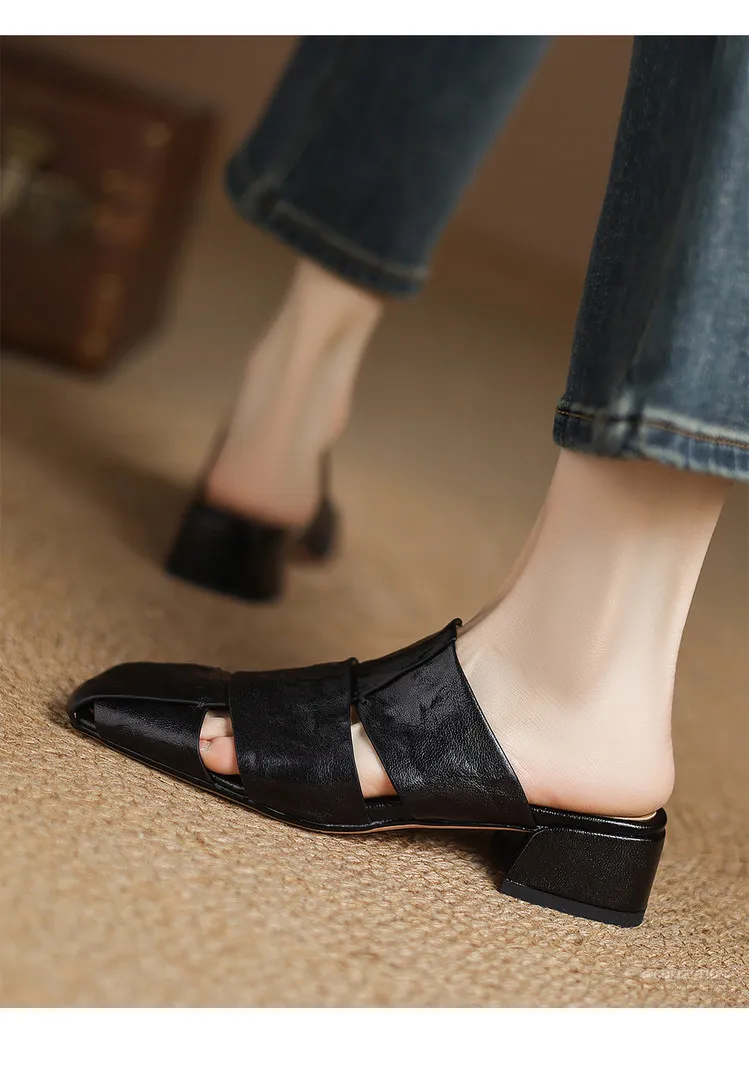Fashionable plus-size closed-toe slippers, spring style, chunky heel, high heel, openwork woven fashion women's shoes, 12-15j