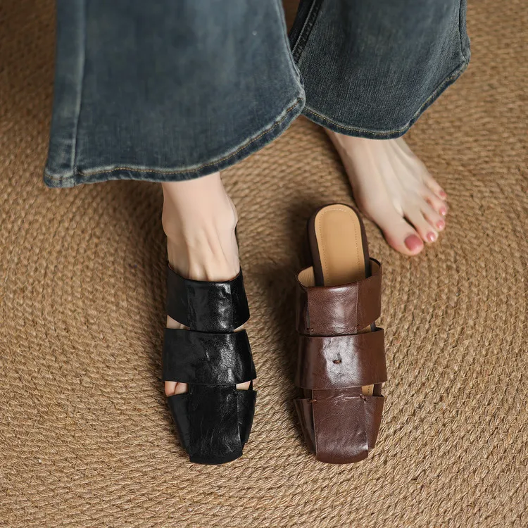 Fashionable plus-size closed-toe slippers, spring style, chunky heel, high heel, openwork woven fashion women's shoes, 12-15j