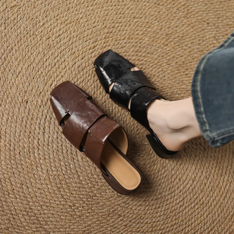 Fashionable plus-size closed-toe slippers, spring style, chunky heel, high heel, openwork woven fashion women's shoes, 12-15j