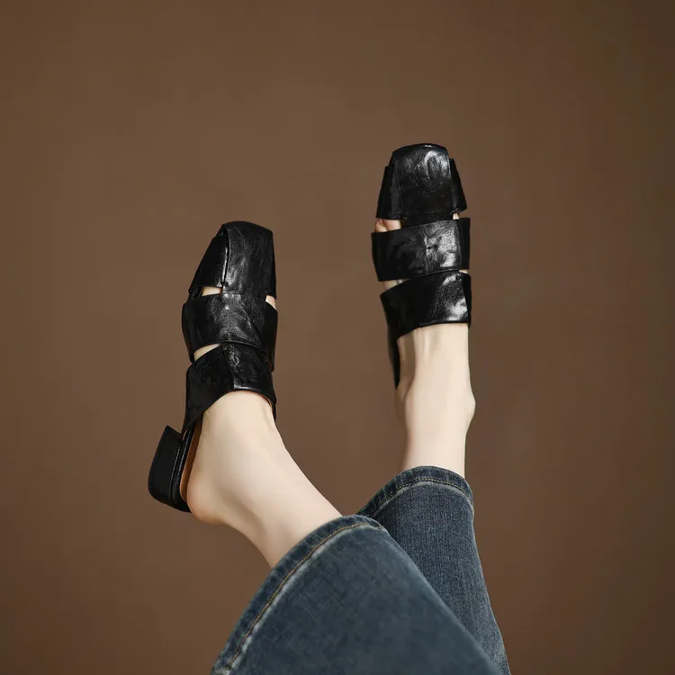 Fashionable plus-size closed-toe slippers, spring style, chunky heel, high heel, openwork woven fashion women's shoes, 12-15j