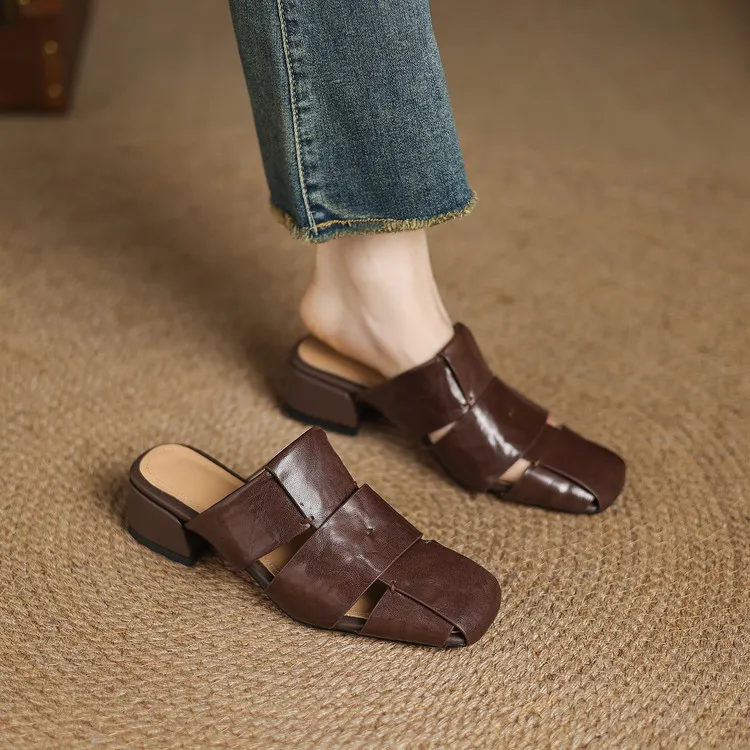 Fashionable plus-size closed-toe slippers, spring style, chunky heel, high heel, openwork woven fashion women's shoes, 12-15j
