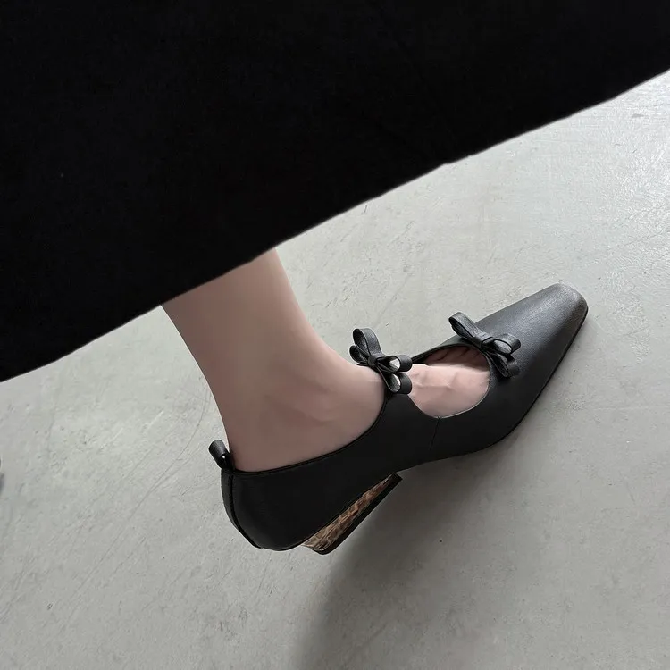 Spring single shoes, square toe, wedge heel, double bow, low-cut cowhide fashion women's shoes, 12-15h
