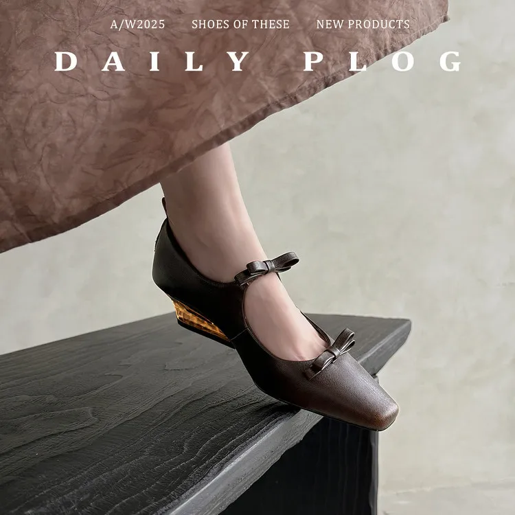 Spring single shoes, square toe, wedge heel, double bow, low-cut cowhide fashion women's shoes, 12-15h