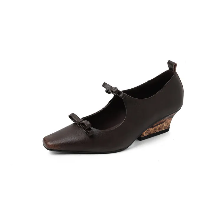 Spring single shoes, square toe, wedge heel, double bow, low-cut cowhide fashion women's shoes, 12-15h