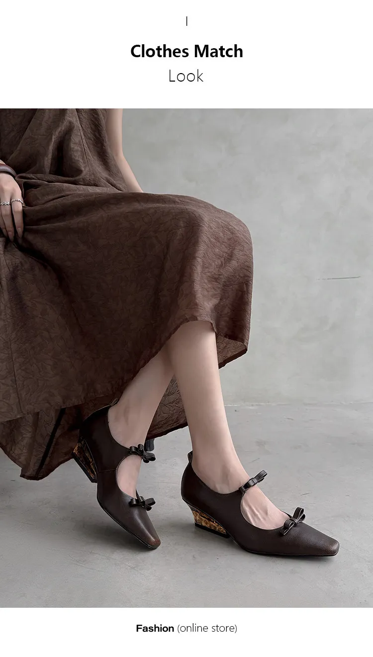 Spring single shoes, square toe, wedge heel, double bow, low-cut cowhide fashion women's shoes, 12-15h