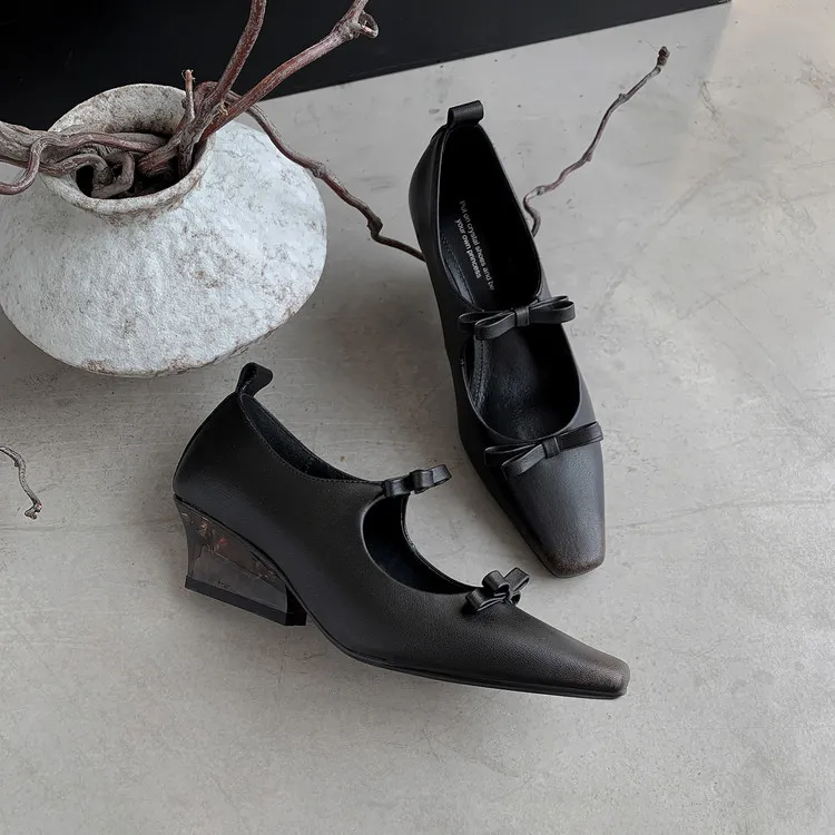 Spring single shoes, square toe, wedge heel, double bow, low-cut cowhide fashion women's shoes, 12-15h