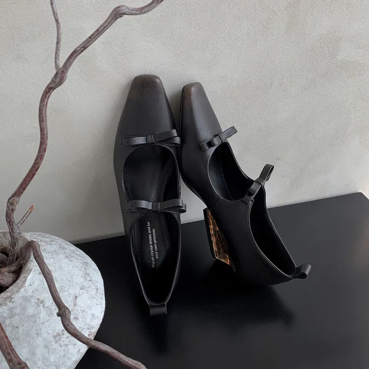 Spring single shoes, square toe, wedge heel, double bow, low-cut cowhide fashion women's shoes, 12-15h