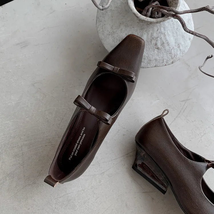 Spring single shoes, square toe, wedge heel, double bow, low-cut cowhide fashion women's shoes, 12-15h