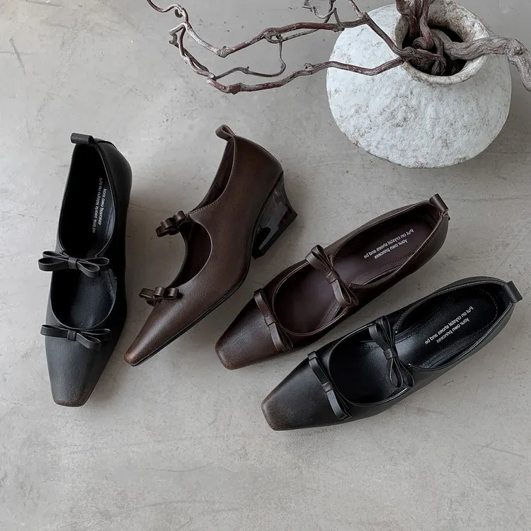 Spring single shoes, square toe, wedge heel, double bow, low-cut cowhide fashion women's shoes, 12-15h