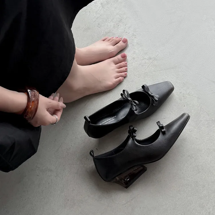 Spring single shoes, square toe, wedge heel, double bow, low-cut cowhide fashion women's shoes, 12-15h