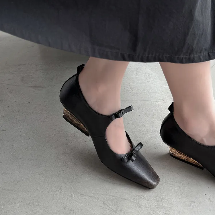 Spring single shoes, square toe, wedge heel, double bow, low-cut cowhide fashion women's shoes, 12-15h