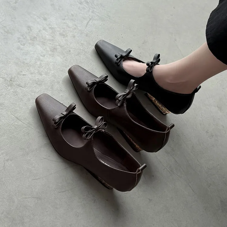 Spring single shoes, square toe, wedge heel, double bow, low-cut cowhide fashion women's shoes, 12-15h