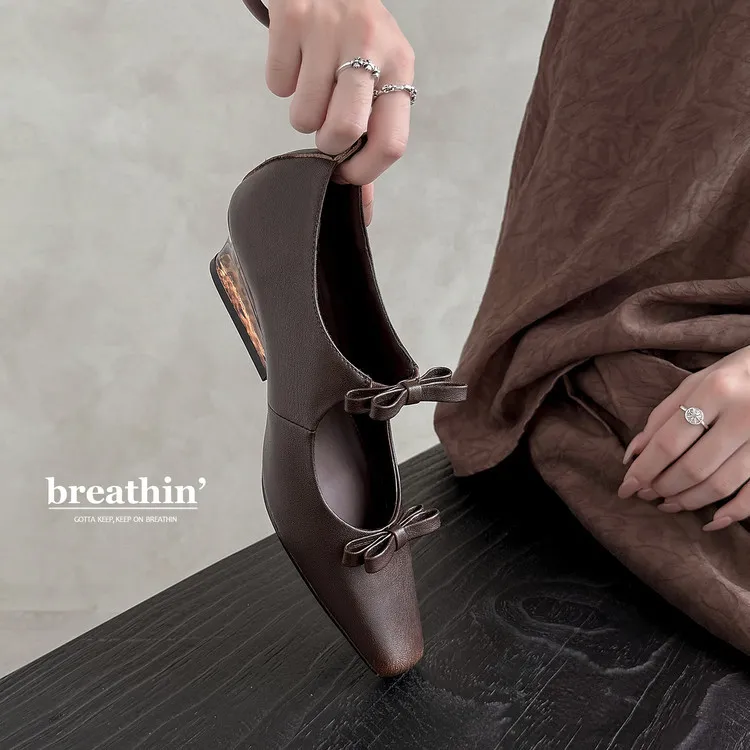 Spring single shoes, square toe, wedge heel, double bow, low-cut cowhide fashion women's shoes, 12-15h