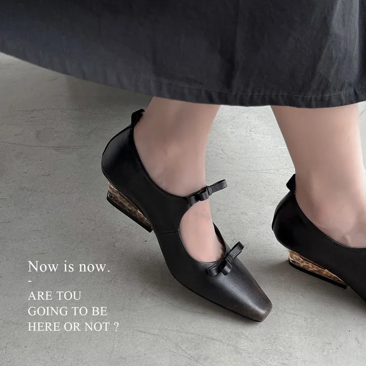 Spring single shoes, square toe, wedge heel, double bow, low-cut cowhide fashion women's shoes, 12-15h