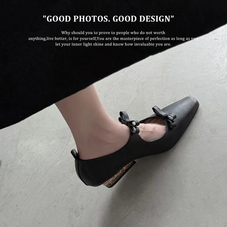 Spring single shoes, square toe, wedge heel, double bow, low-cut cowhide fashion women's shoes, 12-15h