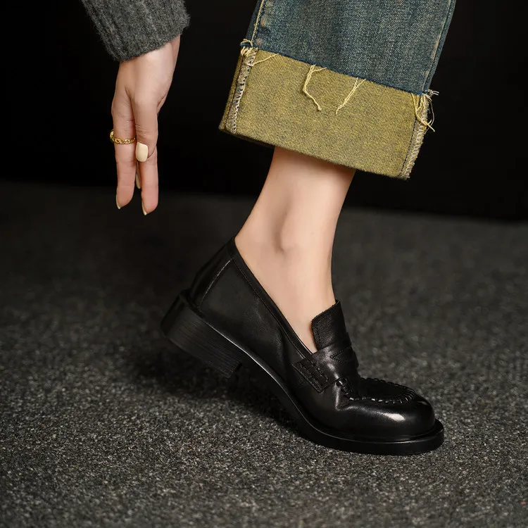 Spring single shoes, round toe, thick sole, chunky heel, slip-on fashion women's shoes, 12-15n