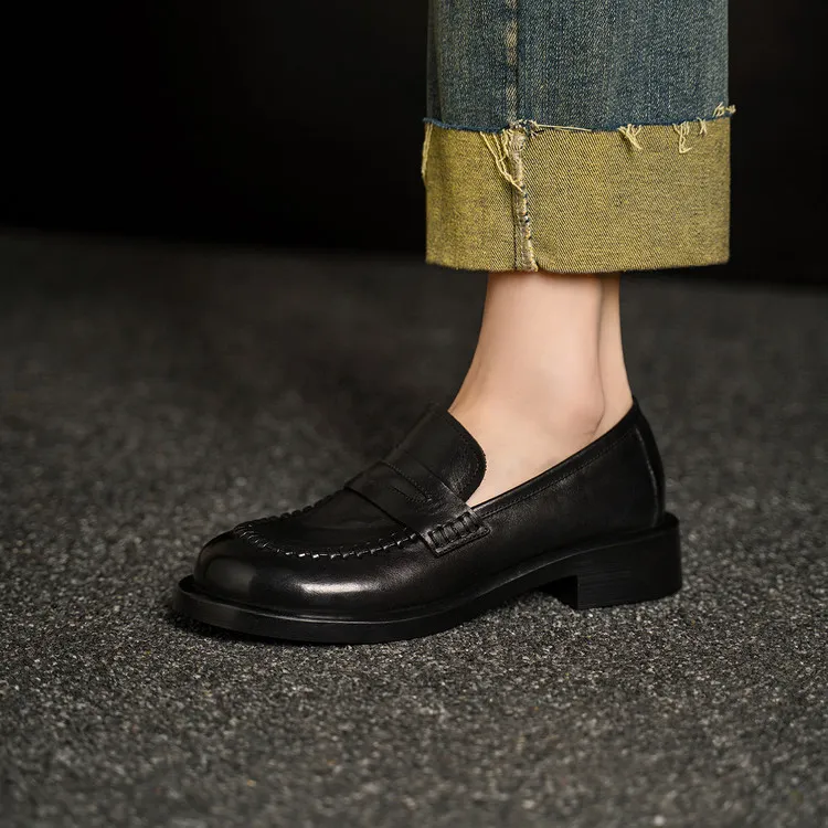 Spring single shoes, round toe, thick sole, chunky heel, slip-on fashion women's shoes, 12-15n