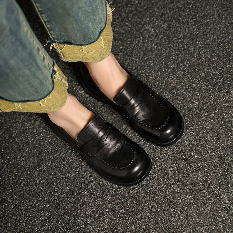 Spring single shoes, round toe, thick sole, chunky heel, slip-on fashion women's shoes, 12-15n